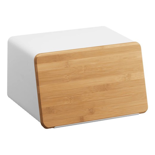 Steel and bamboo bread bin in white and natural, 31.5 x 24.5 x 18.5 cm | Tower