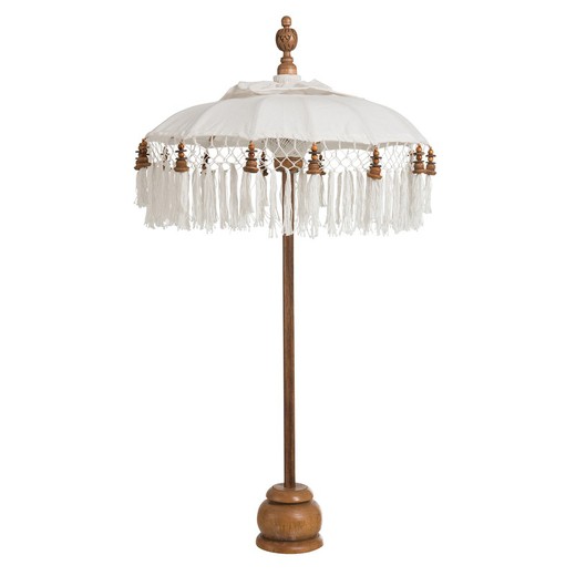 Parasol with Base and Wood and Cotton Tassels S White Brown, Ø50x90,5cm