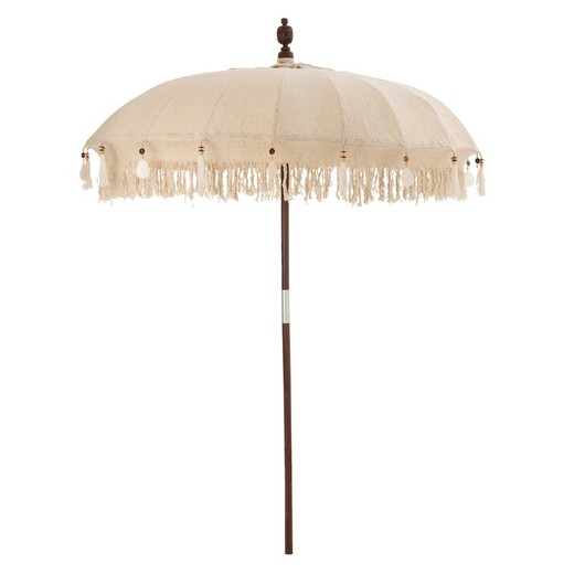 Parasol with Tassels and Wood and Cotton Shells L Brown/Beige, Ø188x250cm