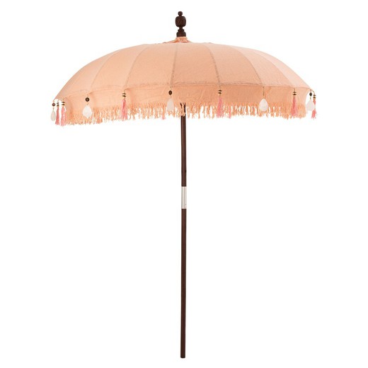 Parasol with Tassels and Wood and Cotton Shells L Brown/Orange, Ø188x250cm