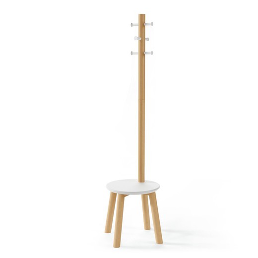 Pillar coat stand with stool white and natural wood, 49.9x49.9x167 cm