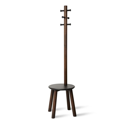 Perchero con taburete Pillar negro y madera nogal, 49,9x49,9x167 cm