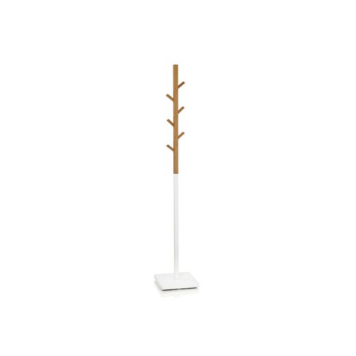 Perchero de pie de metal y bambú en blanco y natural, 26 x 26 x 176 cm