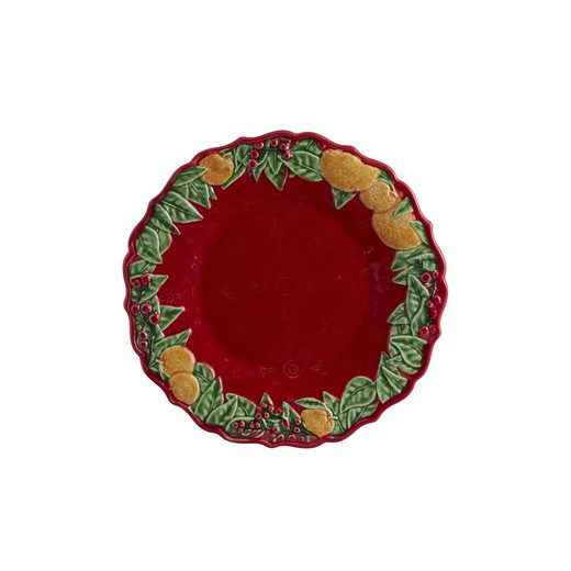 Red and multicoloured earthenware dessert plate, Ø 22 x 2.2 cm | Christmas wreath