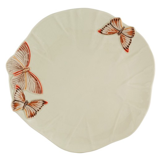 Beige en veelkleurig aardewerk presentatiebord, 33,1 x 32,5 x 4 cm | Bewolkte vlinders