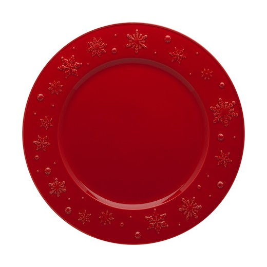 Red earthenware presentation plate, Ø 34 x 3 cm | Snowflakes