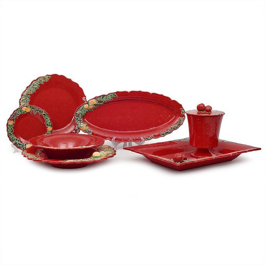 Red and multicoloured earthenware presentation plate, Ø 35.5 x 3 cm | Christmas wreath