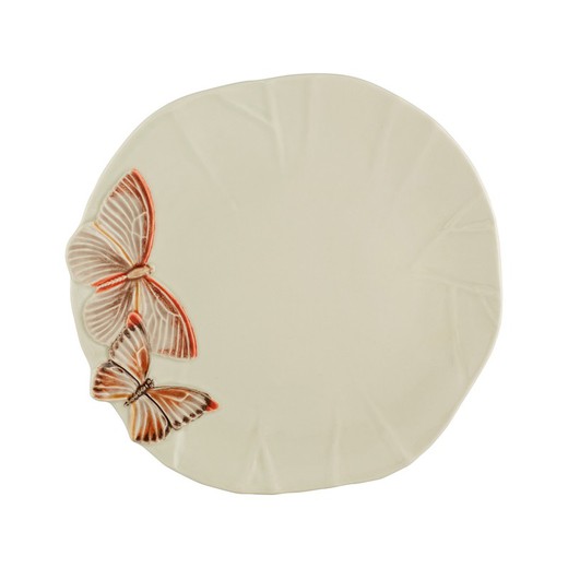 Assiette plate en faïence beige et multicolore, 28 x 27,5 x 3,5 cm | Papillons nuageux