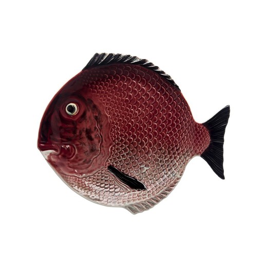 Flat earthenware plate in maroon and white, 27.5 x 24.5 x 3.5 cm | Fish