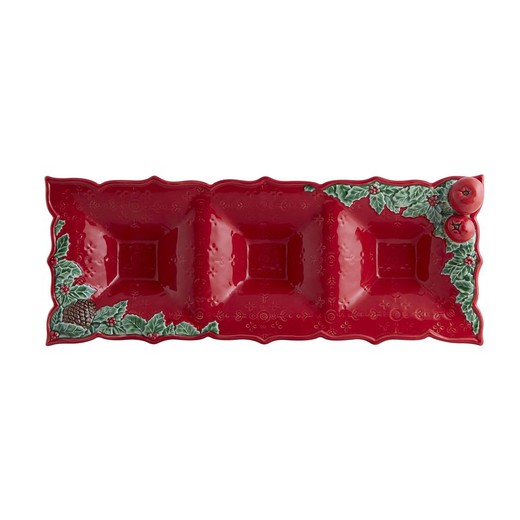 Red and multicoloured earthenware appetizer plate, 40.5 x 15.5 x 6.5 cm | Christmas wreath