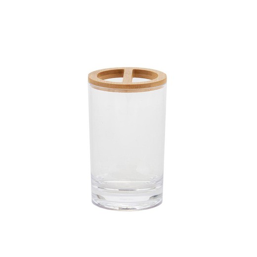 Acrylic and bamboo toothbrush holder in transparent and natural, Ø 7 x 12 cm | Toilet