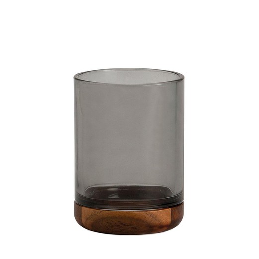 Glass and acacia toothbrush holder in gray and natural, Ø 7.5 x 10.5 cm | Irazu