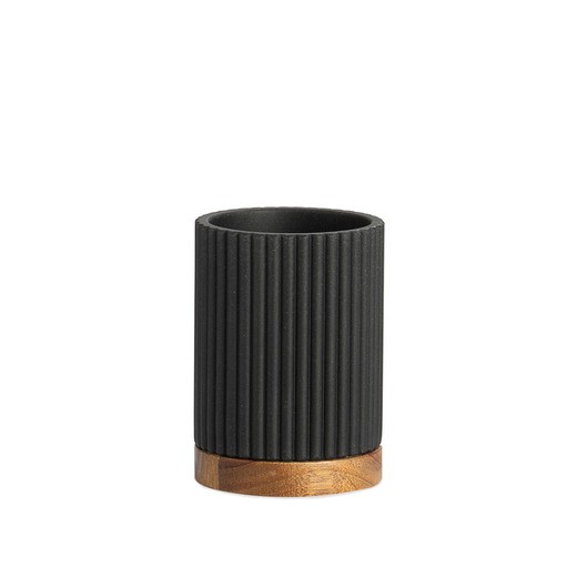 Toothbrush holder in black polyresin and natural acacia, Ø 8 x 11 cm | Striped