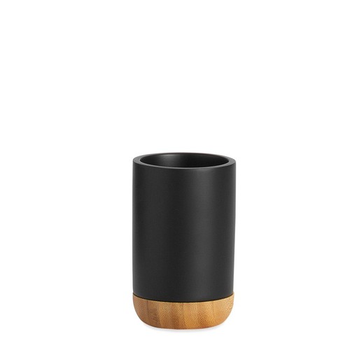Black/natural polyresin and bamboo toothbrush holder, Ø7 x 11 cm | Bamboo