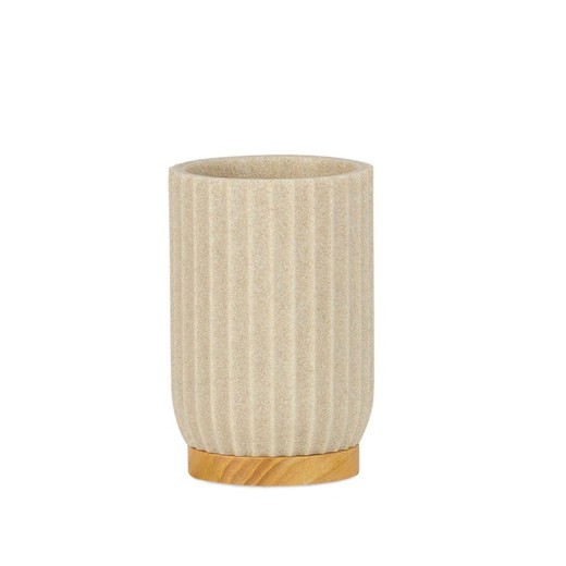 Polyresin and wood toothbrush holder in beige, Ø 7.5 x 11 cm | Shell