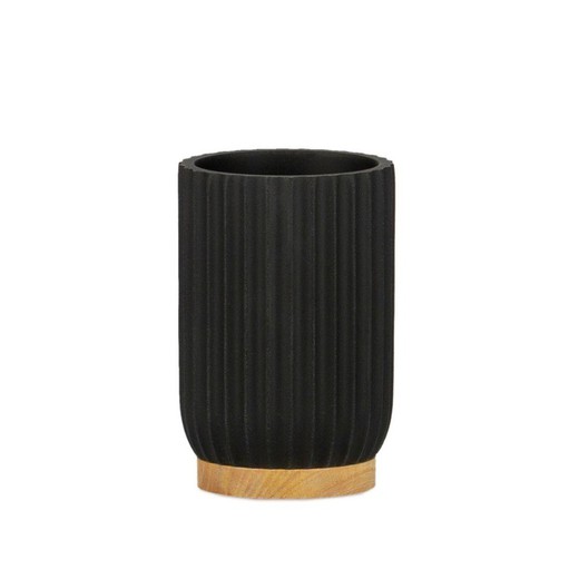 Black polyresin and wood toothbrush holder, Ø 7.5 x 11 cm | Shell