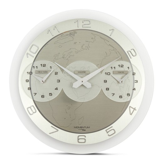 Zegar ścienny Momentum Tre Ore ze srebrnego metakrylanu (Nowy Jork - Madryt - Tokio), Ø45 cm