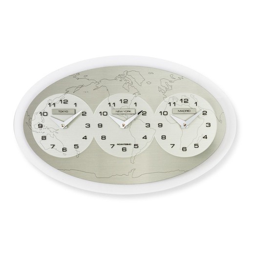 Zegar ścienny Tre Ore nel Mondo w srebrnym metakrylanie (Tokio - Nowy Jork - Madryt), 45x28 cm