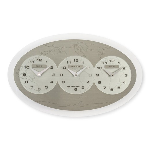 Zegar ścienny Tre Ore nel Mondo w srebrnym metakrylanie (Tokio - Nowy Jork - Paryż), 45x28 cm