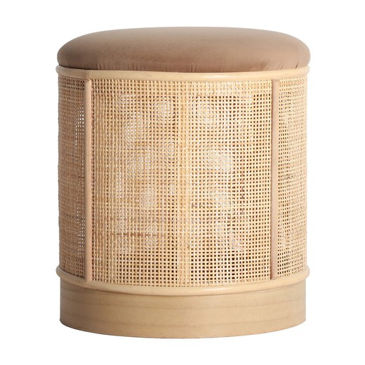 Footstool of pine, rattan and velvet in natural and taupe, Ø 37 x 43 cm | Larvik