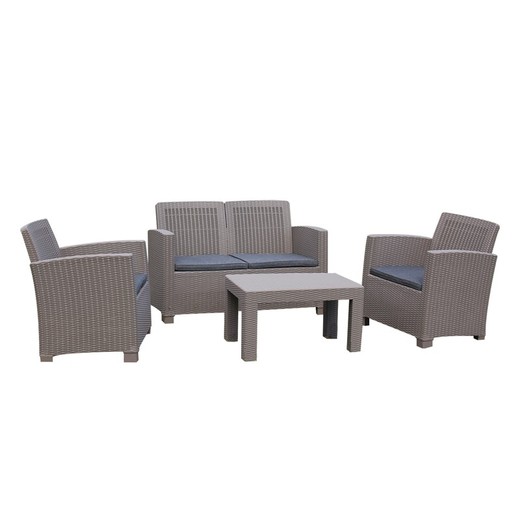 SANTORINI-Set da giardino Chillvert in resina 1 divano 2 posti + 2 poltrone + 1 tavolo beige con cuscino grigio