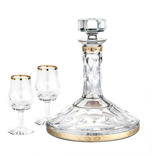 Set of 2 liquor glasses and boat bottle in crystal and transparent gold and gold, 26.4 x 33.2 x 21.3 cm | S. Carlos