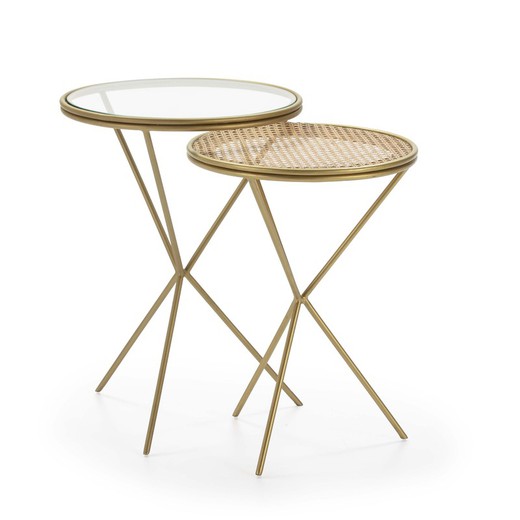 Set de 2 tables d'appoint en verre, rotin et métal doré, 49x49x67 cm