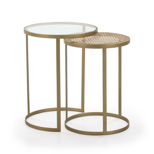 Set de 2 tables d'appoint en verre, rotin et métal doré, 50x50x65 cm