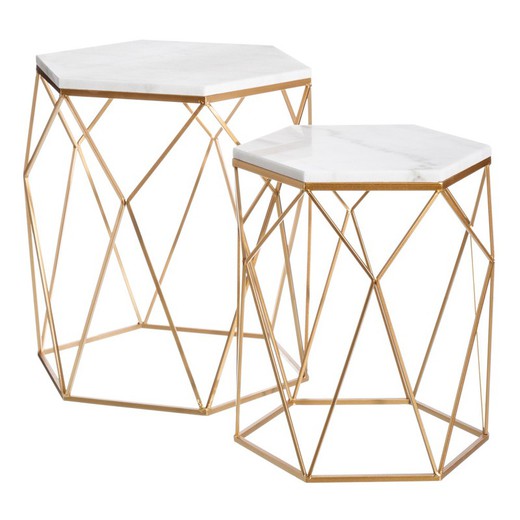 Set med 2 sidobord i marmor och järn i vitt och guld, Ø 55,3 x 59 cm