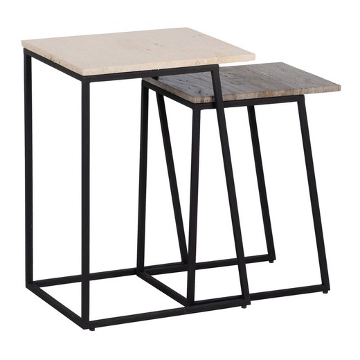 Set med 2 sidobord i marmor och järn i kräm, brunt och svart, 45 x 35 x 63,5 cm