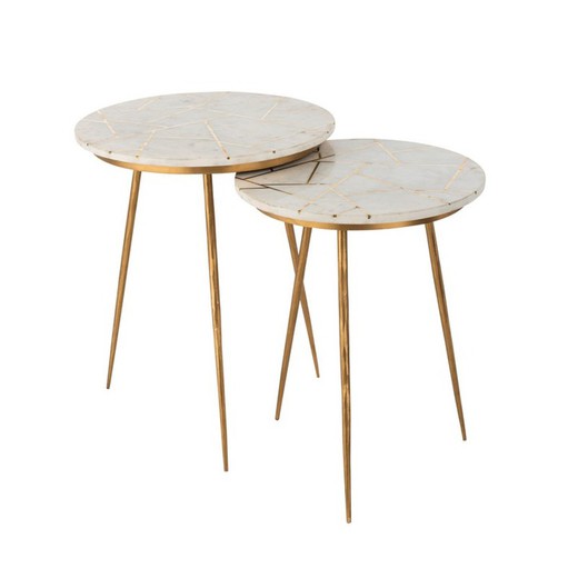 Set di 2 Tavolini in Marmo Bianco/Oro e Metallo, Ø46x56 cm