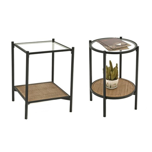 Set of 2 Oksama side tables made of metal, glass and black/natural rattan