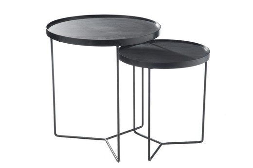 Zestaw 2 okrągłych stolików bocznych ciemnobrązowych z drewna i metalu, Ø50,5x56 cm
