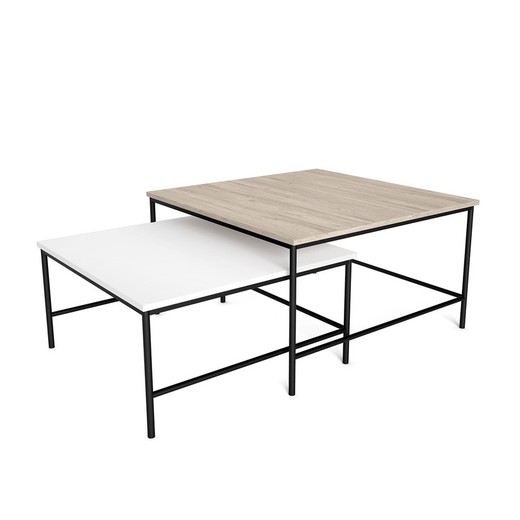 Set of 2 wooden coffee tables in natural and white, 80 x 80 x 45 cm | Fiorenza