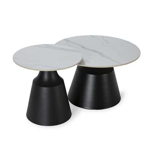 Set of 2 black and white synthetic stone and metal coffee tables, 70-50 x 70-50 x 42.5-48.5 cm | Riley