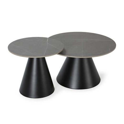 Set of 2 round coffee tables made of synthetic stone and metal in grey and black, 70-50 x 70-50 x 40-45.5 cm | Louna