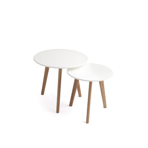 Set van 2 ronde Nordic salontafels. Wit gelakt hout en beukenhouten poten
