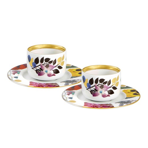 Set of 2 multicolored porcelain coffee cups and saucer, Ø 12.6 x 4.9 cm | Spring