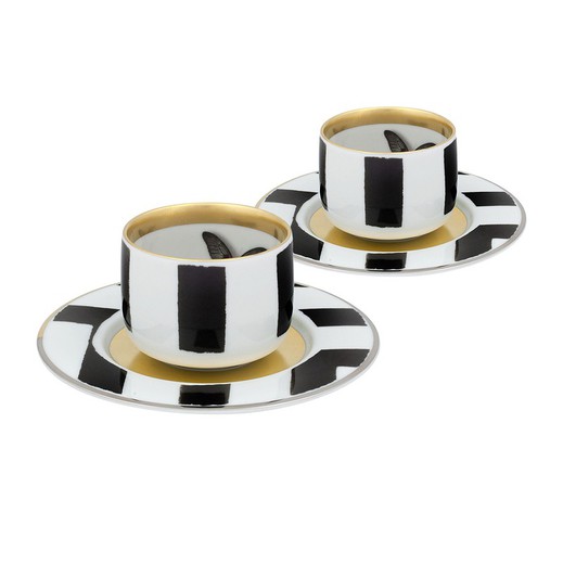 Set of 2 multicolored porcelain coffee cups and saucer, Ø 12.6 x 4.9 cm | Sun and shadow