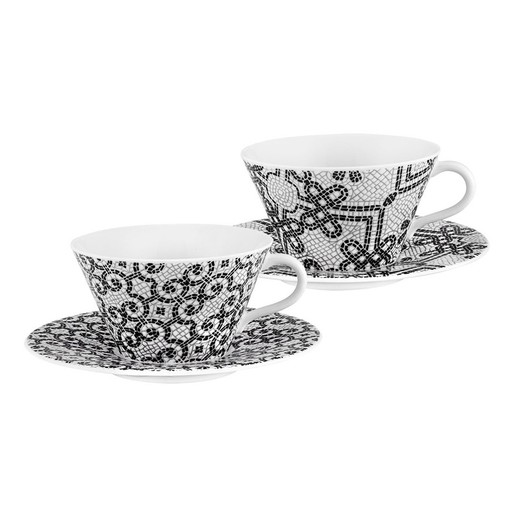 Set of 2 black and white porcelain teacups and saucers, Ø 16 x 6.1 cm | Portuguese Calçada