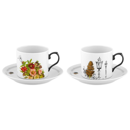 Set aus 2 mehrfarbigen Teetassen und Untertassen aus Porzellan, Ø 14,9 x 6,6 cm | Kleine Geschichten