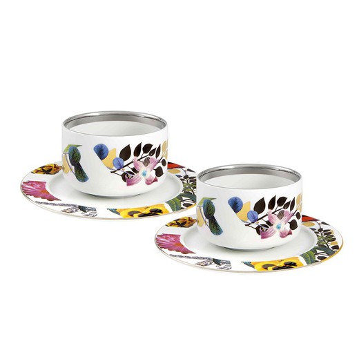 Set aus 2 mehrfarbigen Teetassen und Untertassen aus Porzellan, Ø 16,1 x 5,6 cm | Frühling