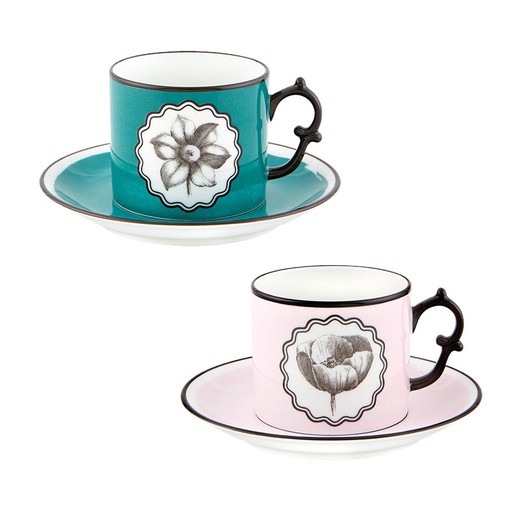 Set of 2 pink tea cups with saucer and blue and pink porcelain pea, Ø 14.9 x 6.7 cm | Herbariae Parade