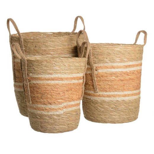 Set of 3 Natural Fiber Baskets Natural/Orange, Ø42x48cm