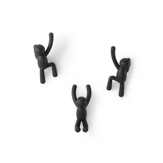 Set of 3 black ABS coat hooks, 18 x 8 x 7 cm | Buddy