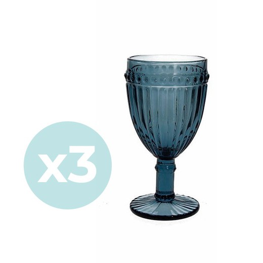 Set de 3 copas de vino de vidrio en azul, Ø 8,5 x 16,5 cm | Dorico