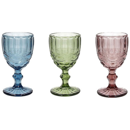 Sæt med 3 glas vinglas i blå, grøn og lilla, Ø 8 x 15,5 cm | Frue