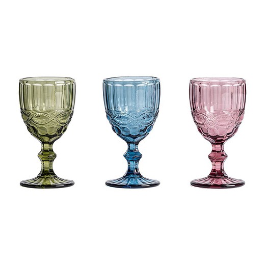 Set med 3 kristall vinglas i blått, grönt och rosa, Ø 8 x 15 cm | Bräss