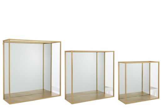 Set de 3 Estanterías de Pared Cuadradas de Metal y Cristal  Doradas/Espejado, 60x18x60 cm — Qechic