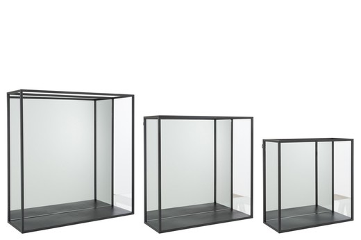 Set van 3 vierkante wandplanken van zwart/gespiegeld metaal en glas, 60x18x60 cm